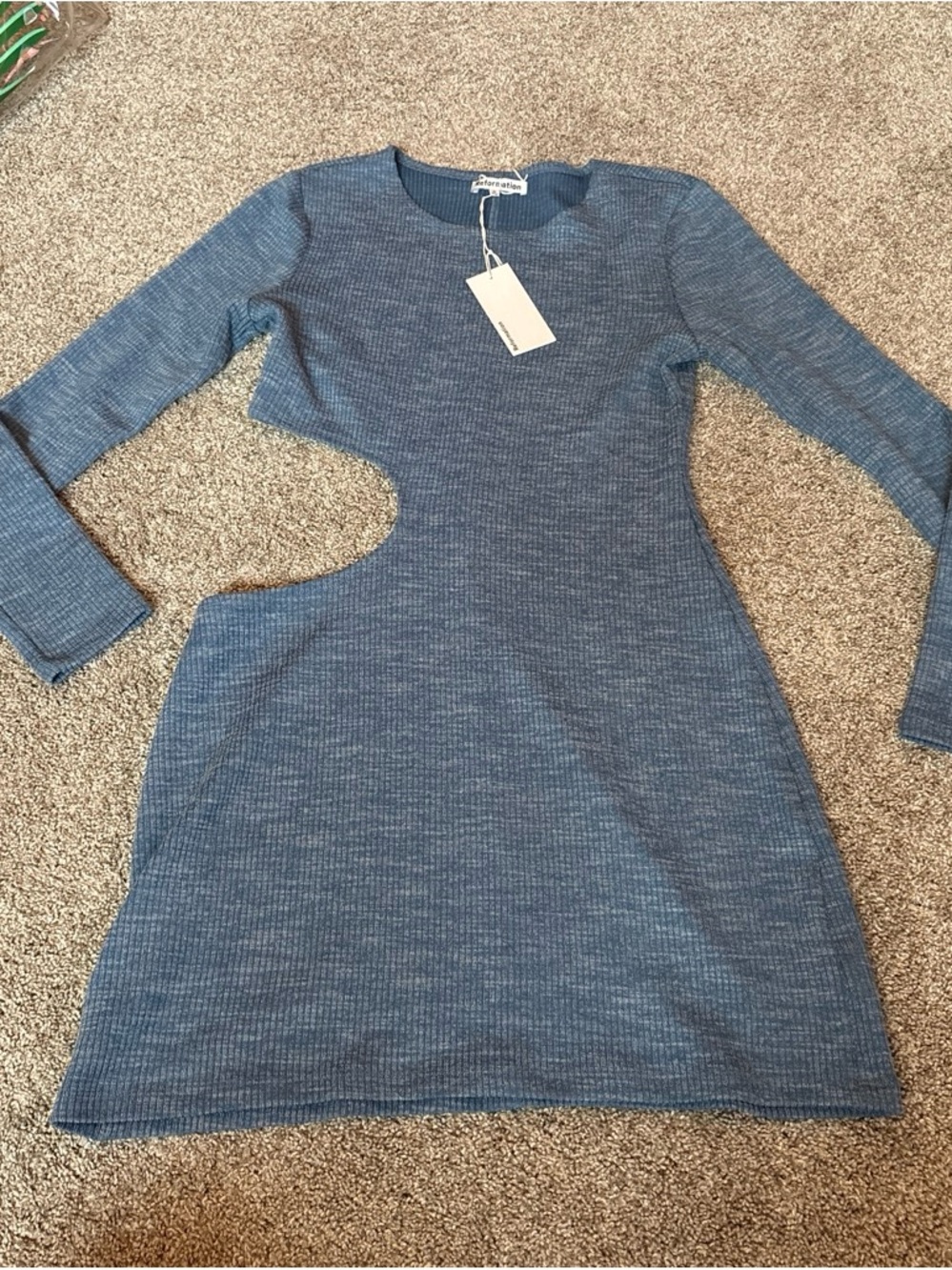 Reformation Blue Ribbed Long Sleeve Dress with Side Cutout